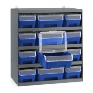 Scaffale a 5 ripiani grigio scuro con 12 contenitori RK Box Air blu cielo con coperchi e frontalini, L496 x P304 x H546 mm