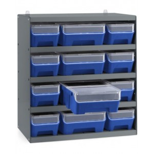 Scaffale a 5 ripiani grigio scuro con 12 contenitori RK Box Air blu cielo con coperchi e frontalini, L496 x P304 x H546 mm