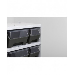 Scaffale a 5 ripiani grigio scuro con 12 contenitori RK Box Air blu cielo con coperchi e frontalini, L496 x P304 x H546 mm