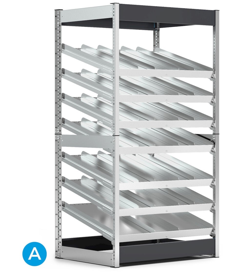 Scaffalatura kanban con 7 piani inclinati e separatori, L1057 x P821 x H2016 mm