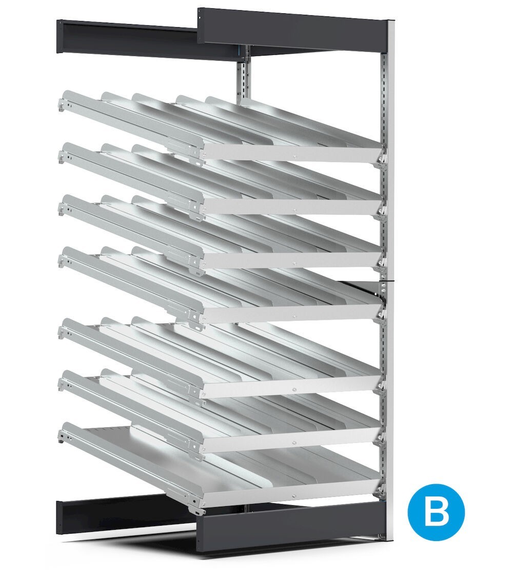 Scaffalatura dinamica aggiuntiva a 7 ripiani inclinati, L1028 x P821 x H2016 mm