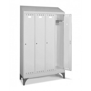 Armadio spogliatoio in metallo a 4 scomparti con piedini e tetto inclinato
