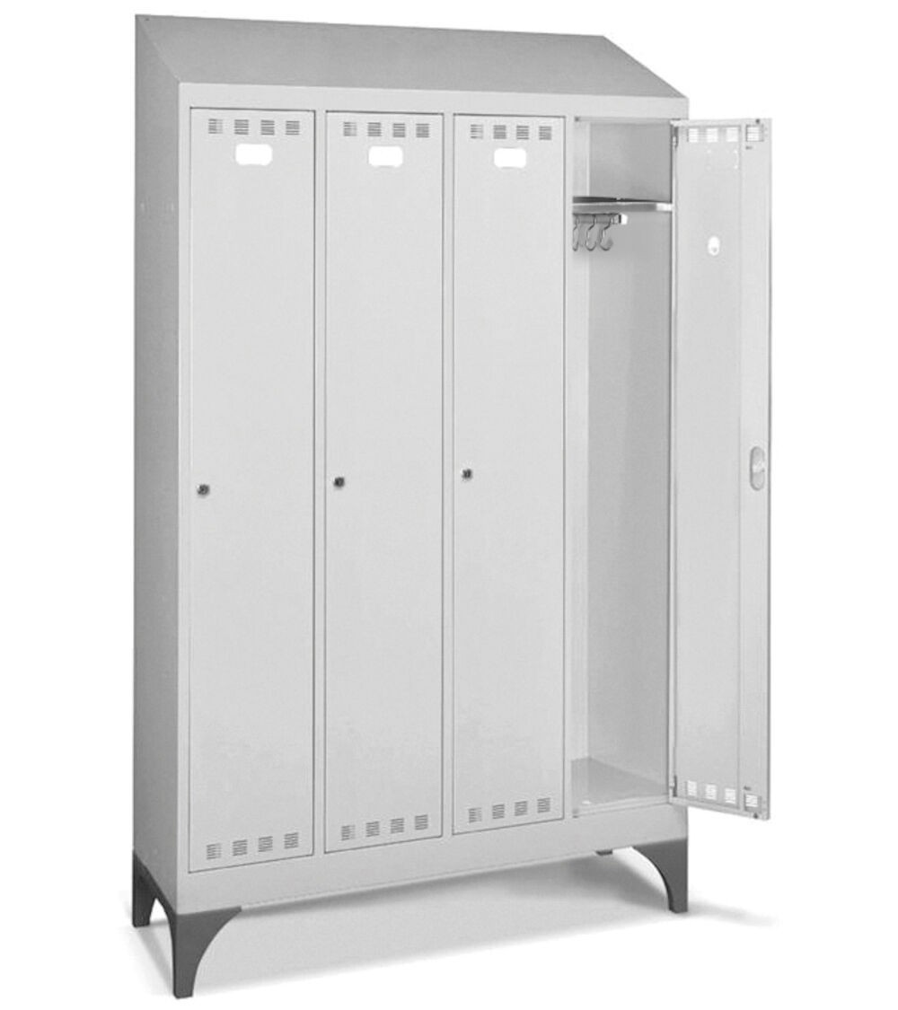 Armadio spogliatoio in metallo a 4 scomparti con piedini e tetto inclinato