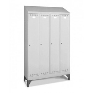 Armadio spogliatoio in metallo a 4 scomparti con piedini e tetto inclinato