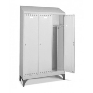 Armadio spogliatoio in metallo a 3 scomparti con piedini e tetto inclinato