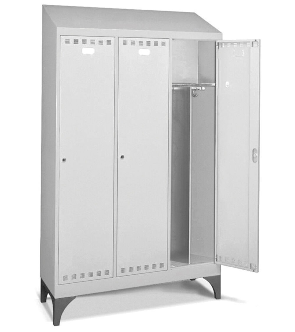 Armadio spogliatoio in metallo a 3 scomparti con piedini e tetto inclinato