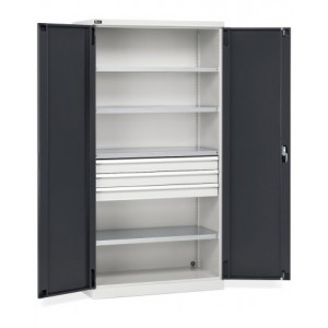 Armadio in metallo da officina con 2 ante, 4 ripiani, 3 cassetti, L1023 x P555 x H2000 mm, PERFOM14004