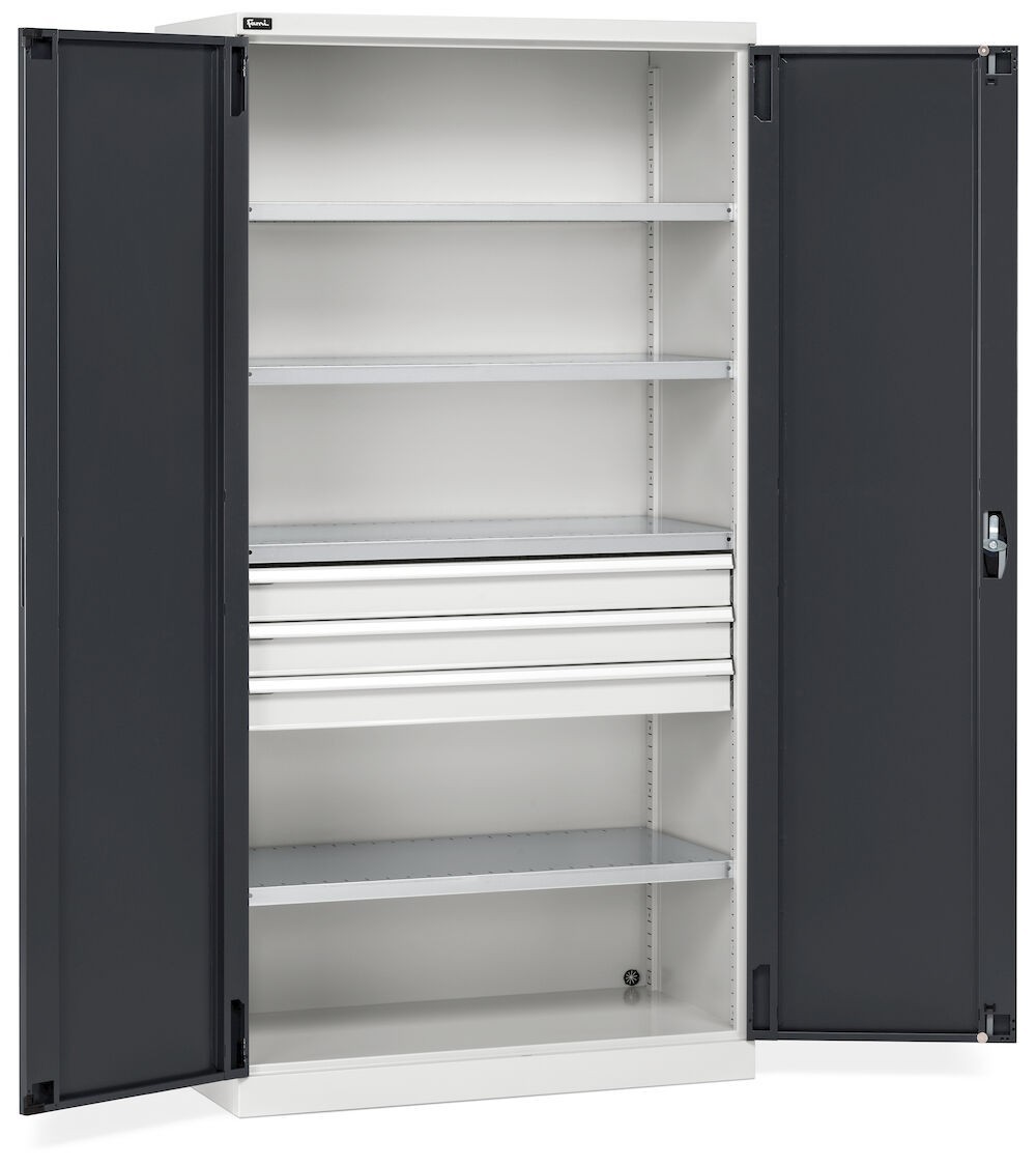 Armadio in metallo da officina con 2 ante, 4 ripiani, 3 cassetti, L1023 x P555 x H2000 mm, PERFOM14004