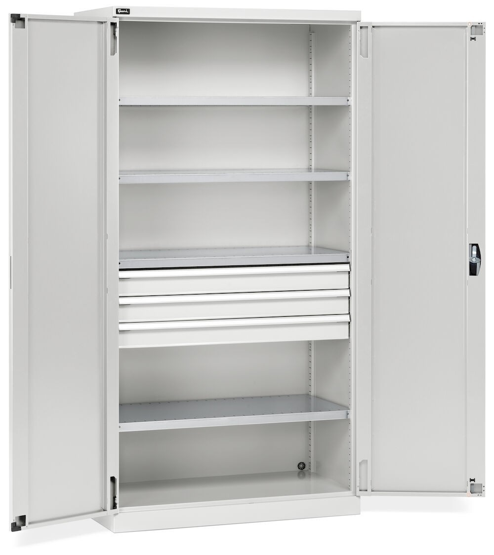 Armadio industriale con 2 porte, 4 ripiani, 3 cassetti, L1023 x P555 x H2000 mm, PERFOM14005