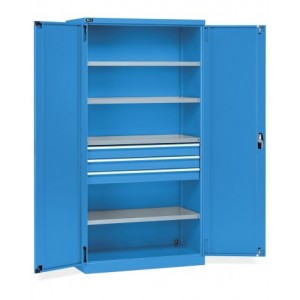 Armadio per magazzino e officina con 2 ante, 4 ripiani, 3 cassetti, L1023 x P555 x H2000 mm, PERFOM14006