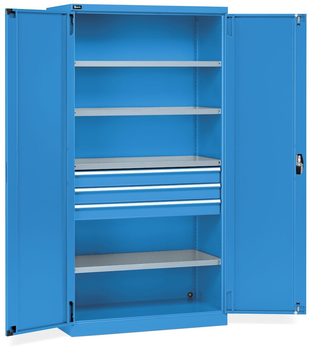 Armadio per magazzino e officina con 2 ante, 4 ripiani, 3 cassetti, L1023 x P555 x H2000 mm, PERFOM14006