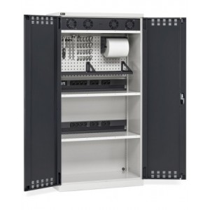 Armadio caricabatterie con griglia areazione, pannelli forati, accessori, L1023 x P555 x H2000, PERFOM 14034