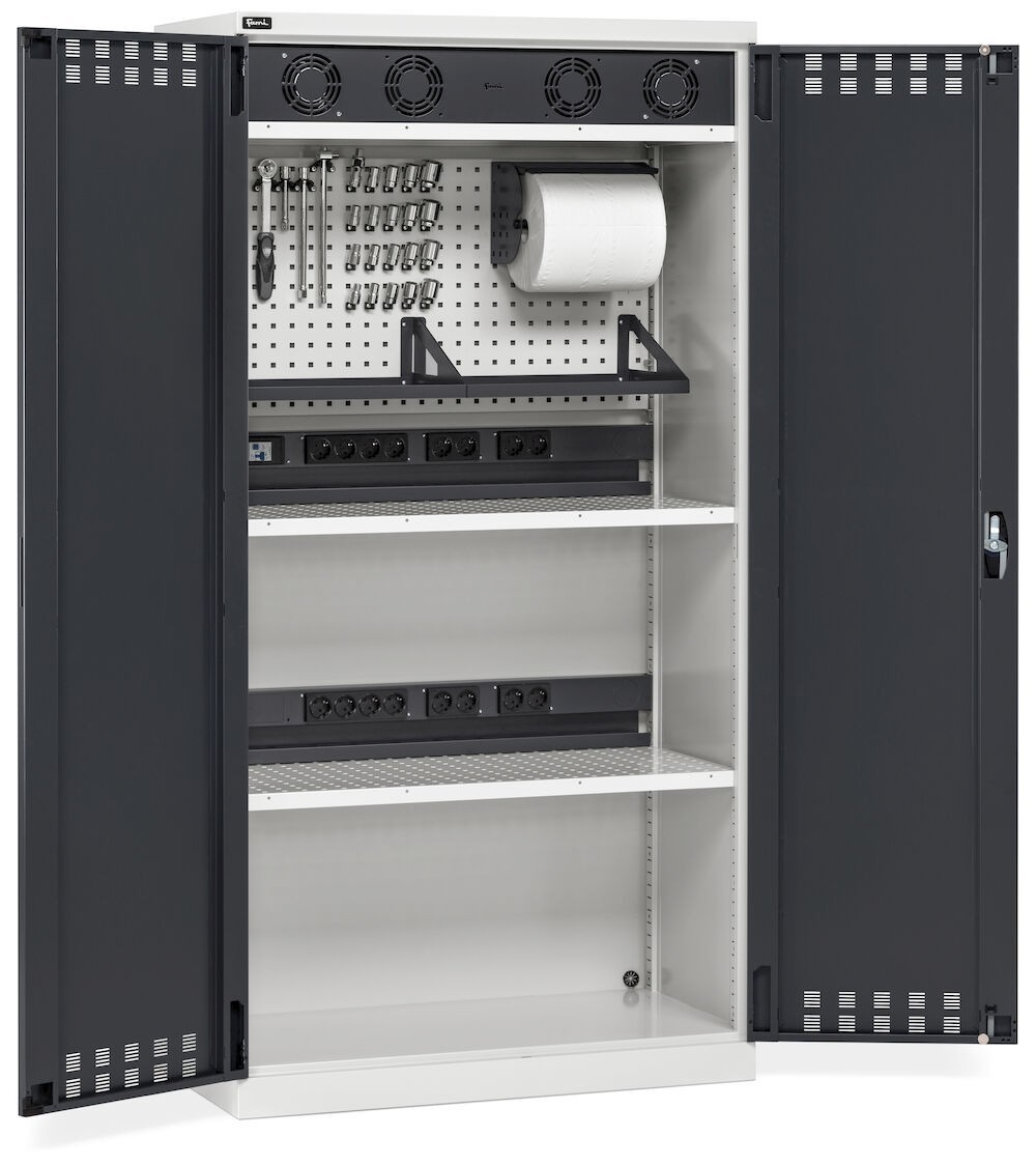 Armadio caricabatterie con griglia areazione, pannelli forati, accessori, L1023 x P555 x H2000, PERFOM 14034