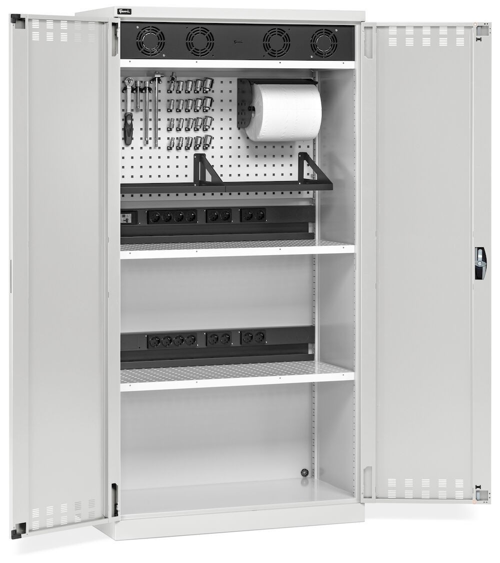Armadio caricabatterie con griglia areazione, pannelli forati, accessori, L1023 x P555 x H2000, PERFOM14035