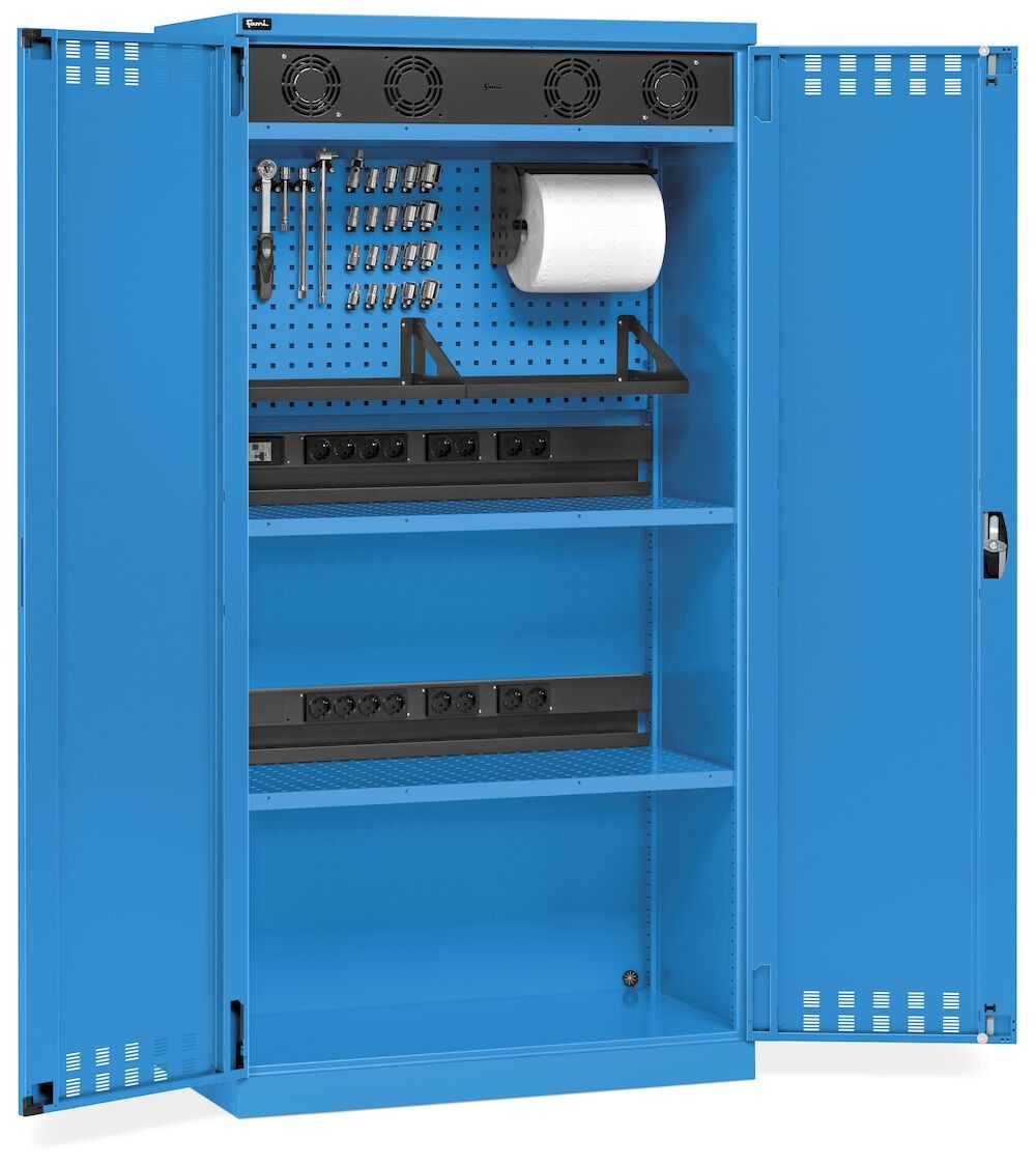 Armadio caricabatterie con griglia areazione, pannelli forati, accessori, L1023 x P555 x H2000, PERFOM14036