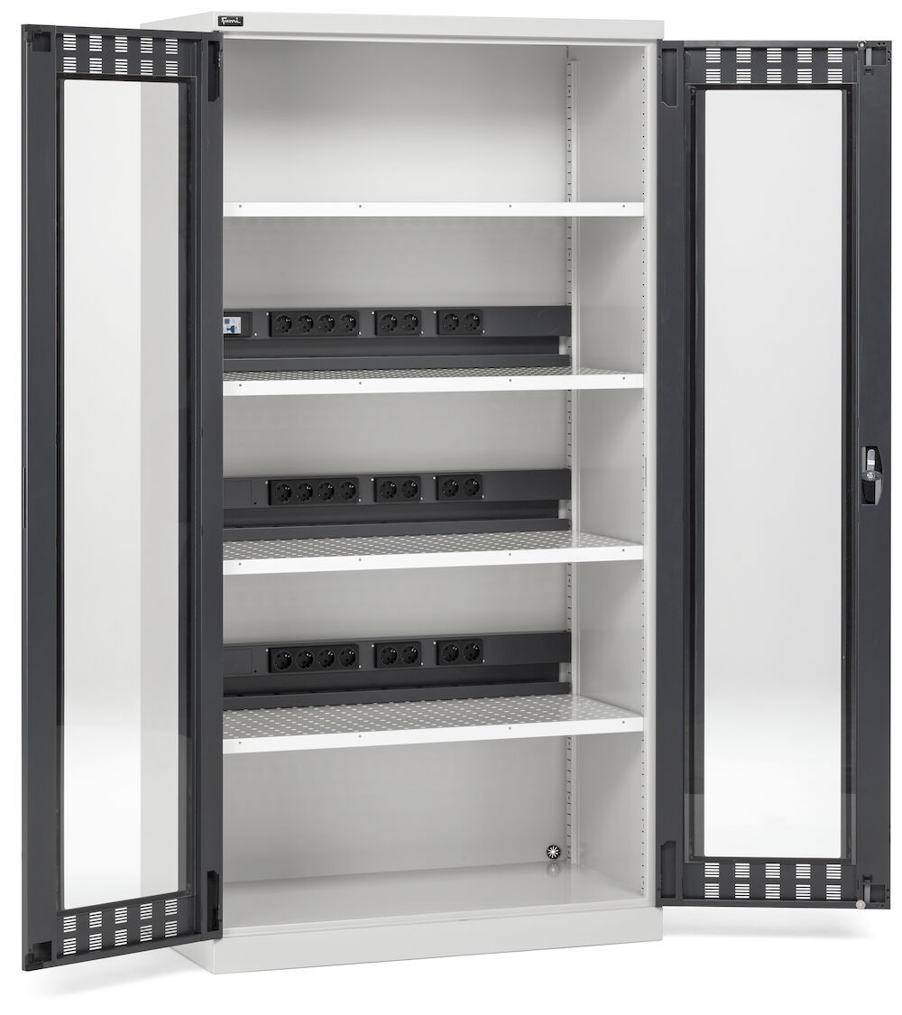 Armadio caricabatterie con ante in policarbonato, 4 piani/pannelli forati, L1023 x P555 x H2000 mm, PERFOM 14037