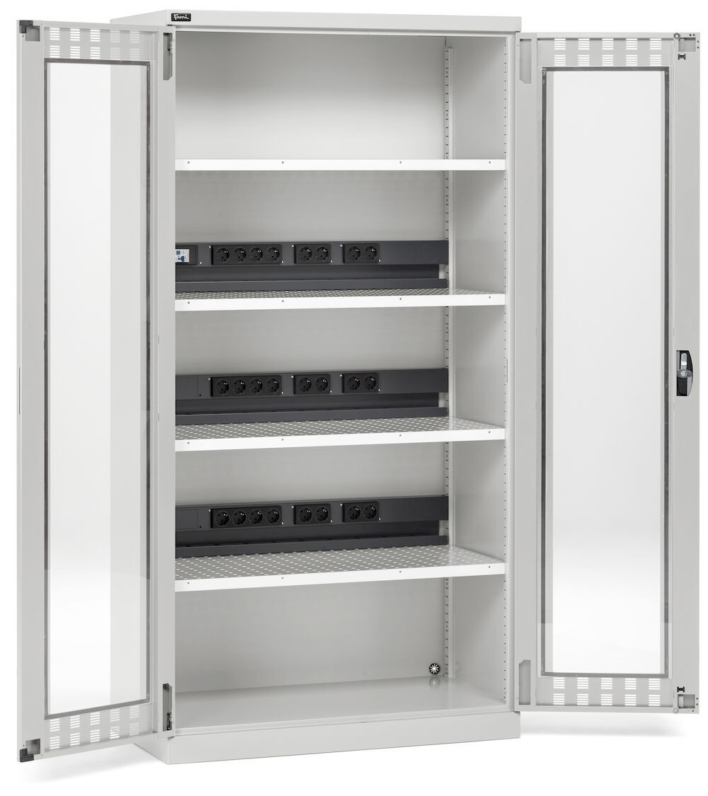 Armadio caricabatterie con ante in policarbonato, 4 piani/pannelli forati, L1023 x P555 x H2000 mm, PERFOM14038