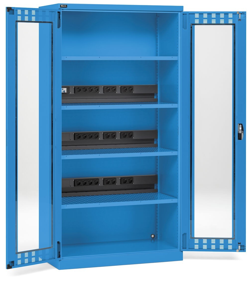 Armadio caricabatterie con ante in policarbonato, 4 piani/pannelli forati, L1023 x P555 x H2000 mm, PERFOM14039