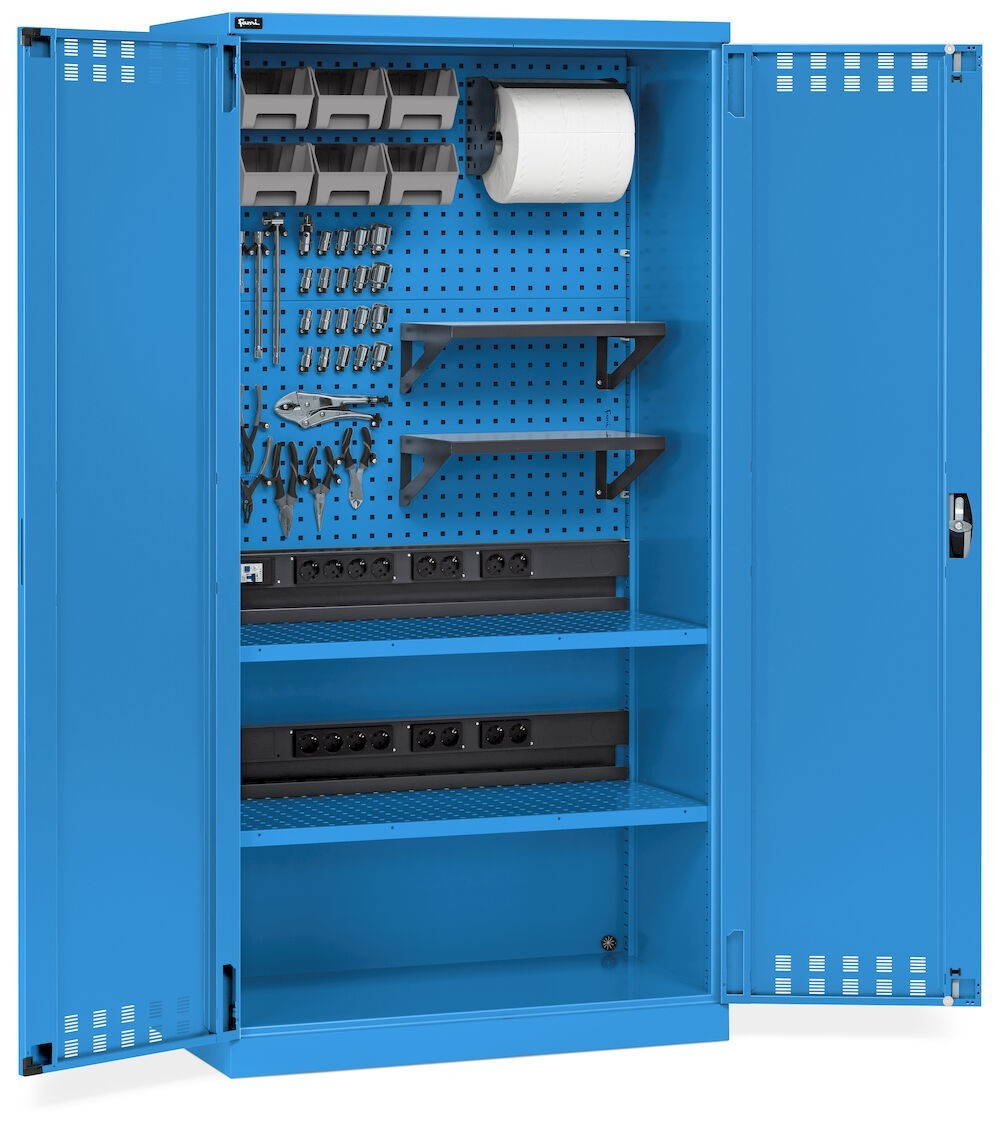 Armadio caricabatterie con ante battenti, pannelli forati, accessori, L1023 x P555 x H2000 mm, PERFOM14042