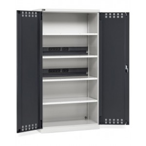 Armadio caricabatterie con ante battenti in lamiera e ripiani forati, L1023 x P555 x H2000 mm, PERFOM14043