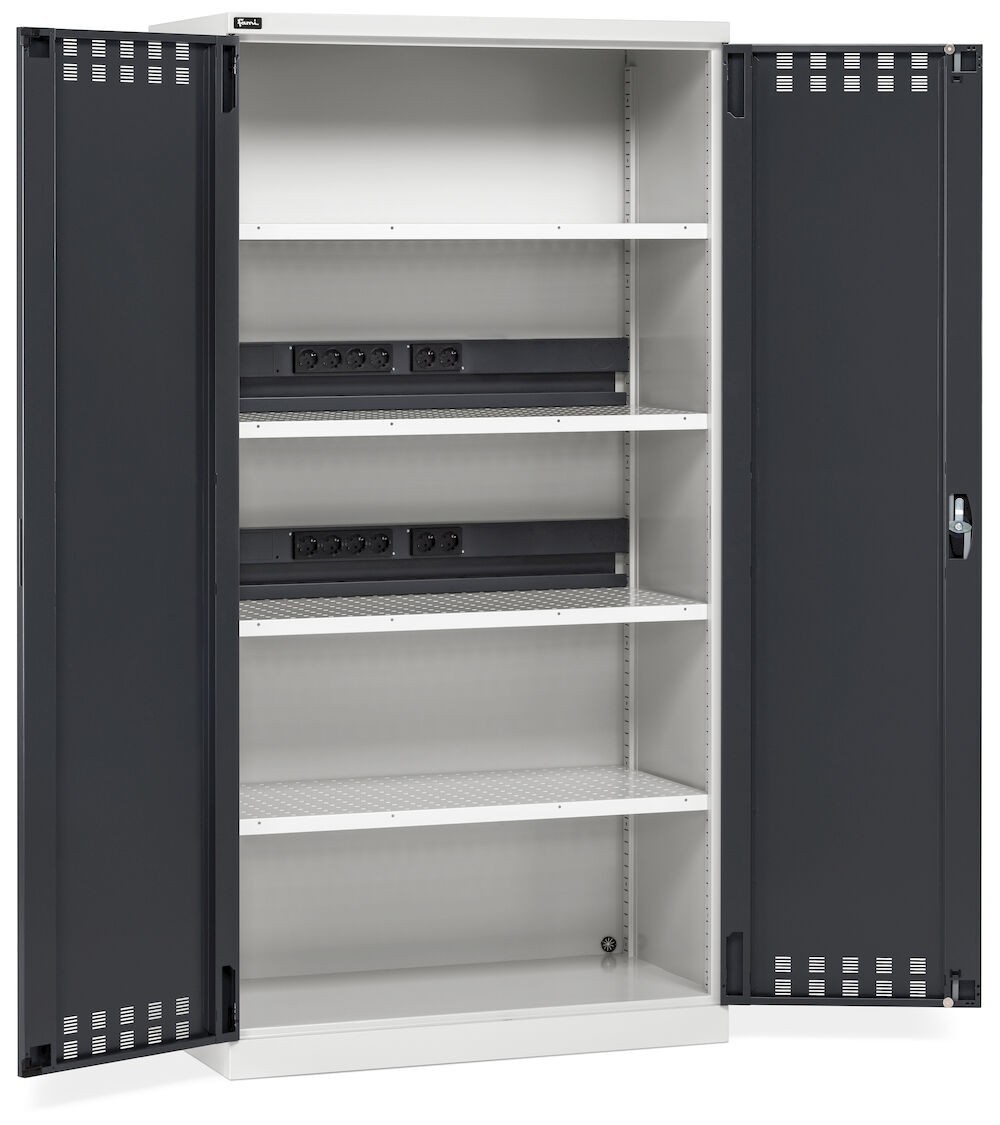Armadio caricabatterie con ante battenti in lamiera e ripiani forati, L1023 x P555 x H2000 mm, PERFOM14043