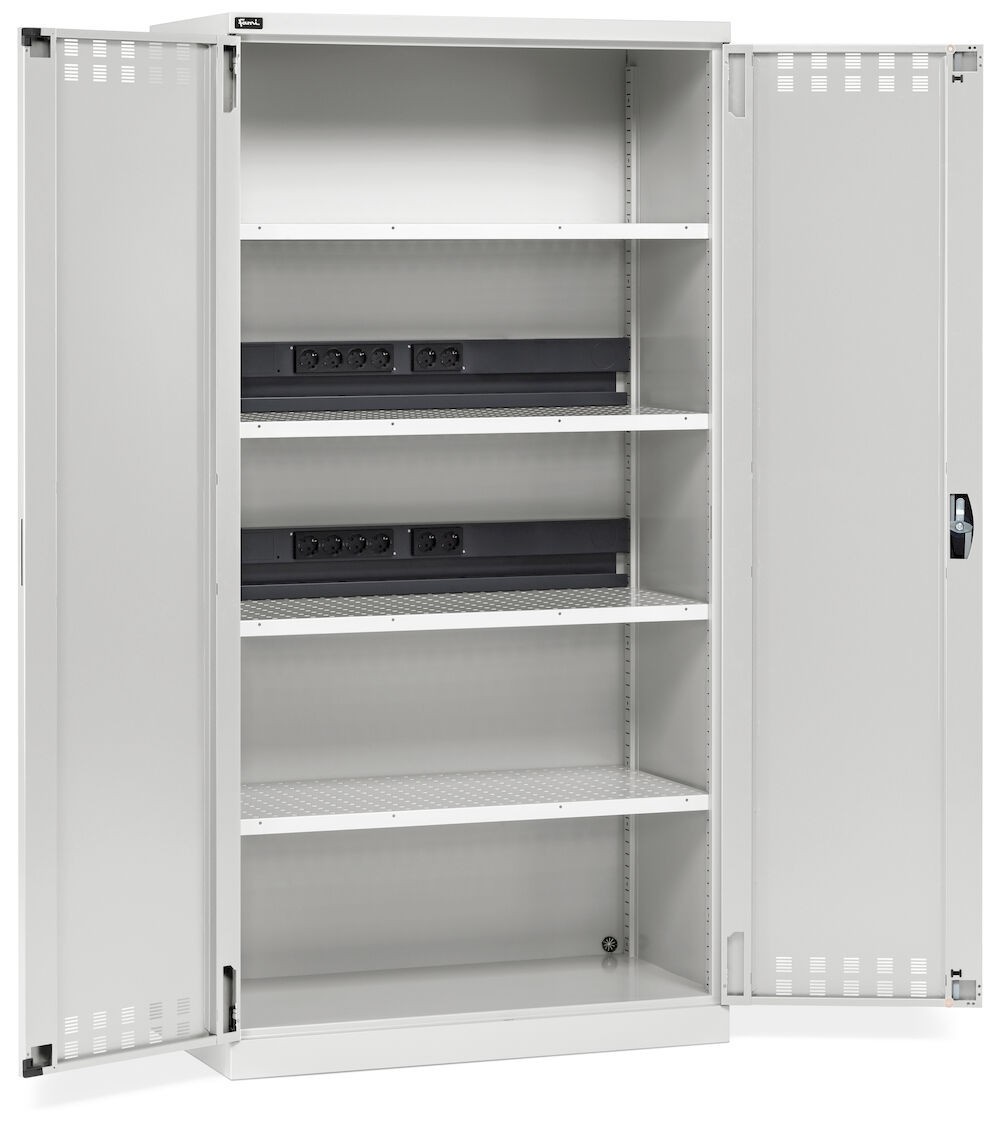 Armadio caricabatterie con ante battenti in lamiera e ripiani forati, L1023 x P555 x H2000 mm, PERFOM14044