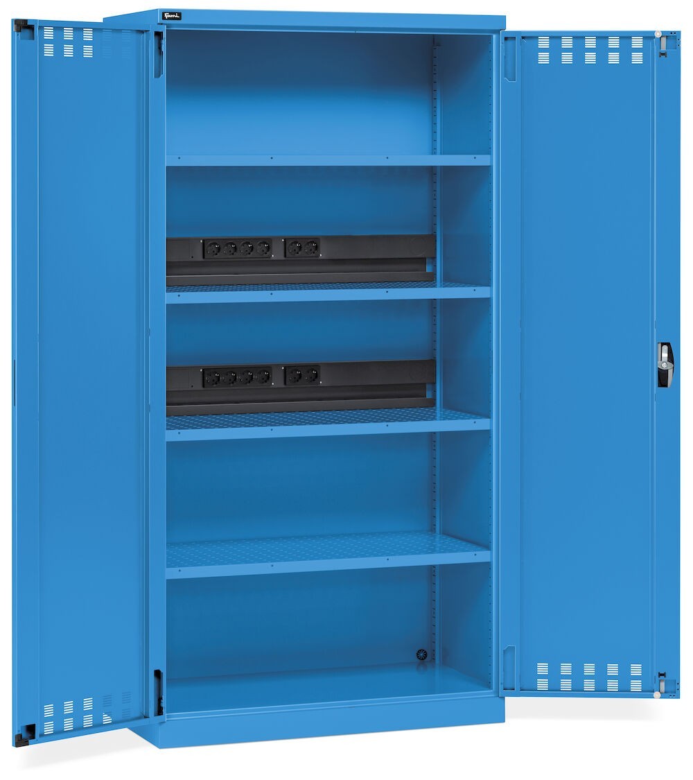 Armadio caricabatterie con ante battenti in lamiera e ripiani forati, L1023 x P555 x H2000 mm, PERFOM14045