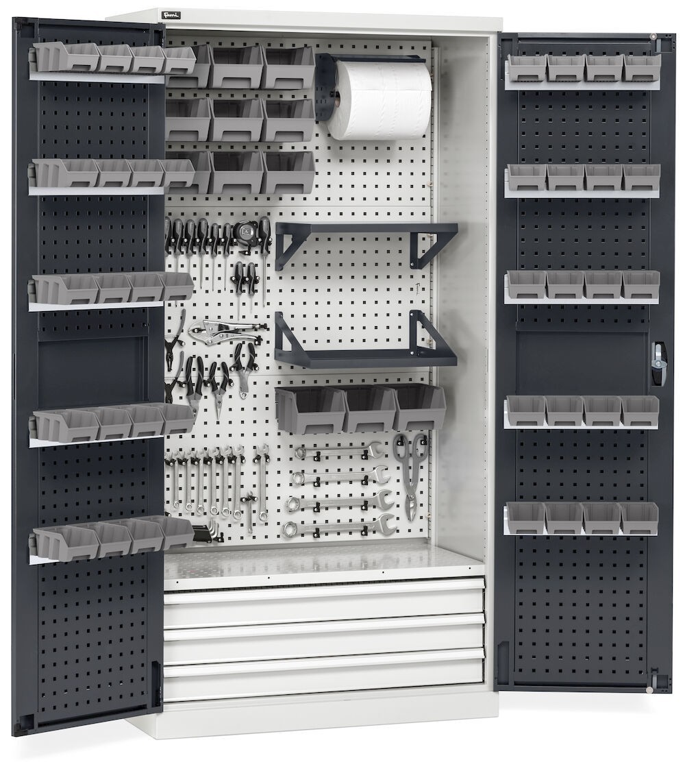 Armadio porta attrezzi con ante battente e accessori, L1023 x P555 x H2000 mm, PERFOM14046