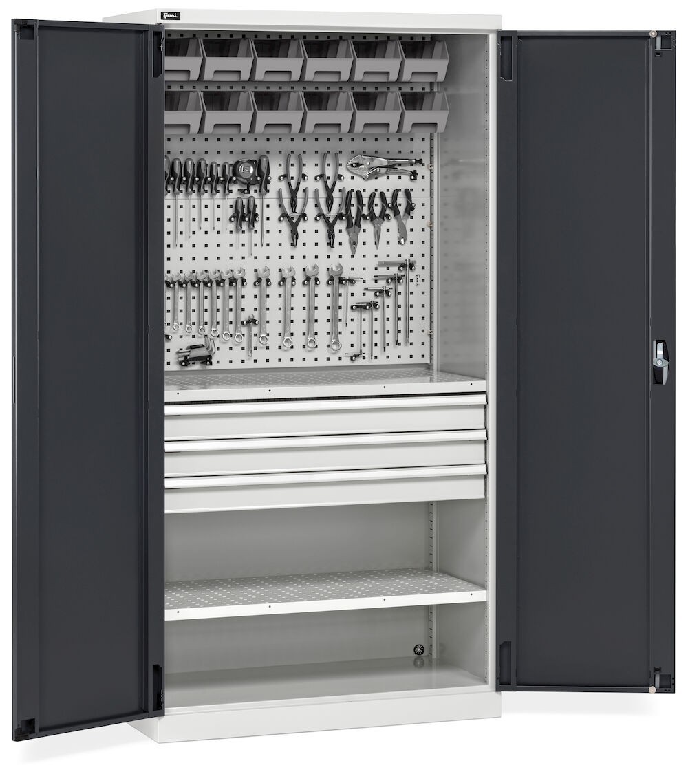 Armadio portautensili, ante battente, cassetti, piani, contenitori e ganci, L1023 x P555 x H2000 mm, PERFOM14049