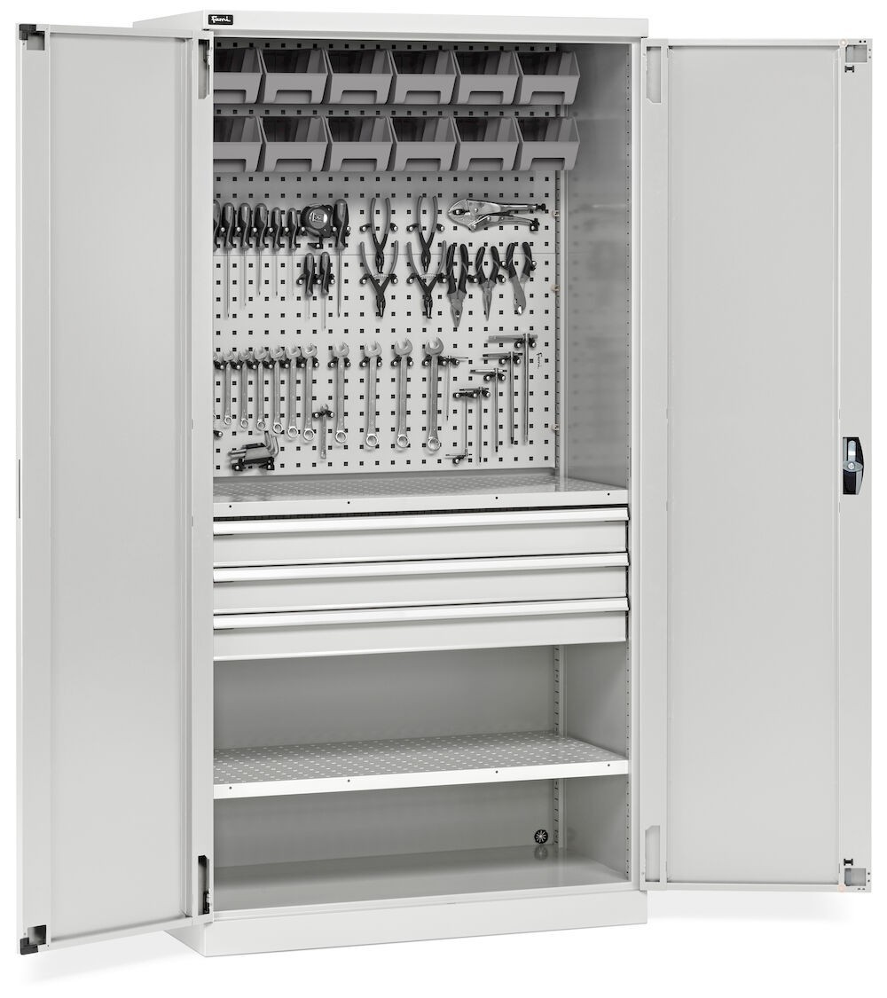 Armadio portautensili, ante battente, cassetti, piani, contenitori e ganci, L1023 x P555 x H2000 mm, PERFOM14050