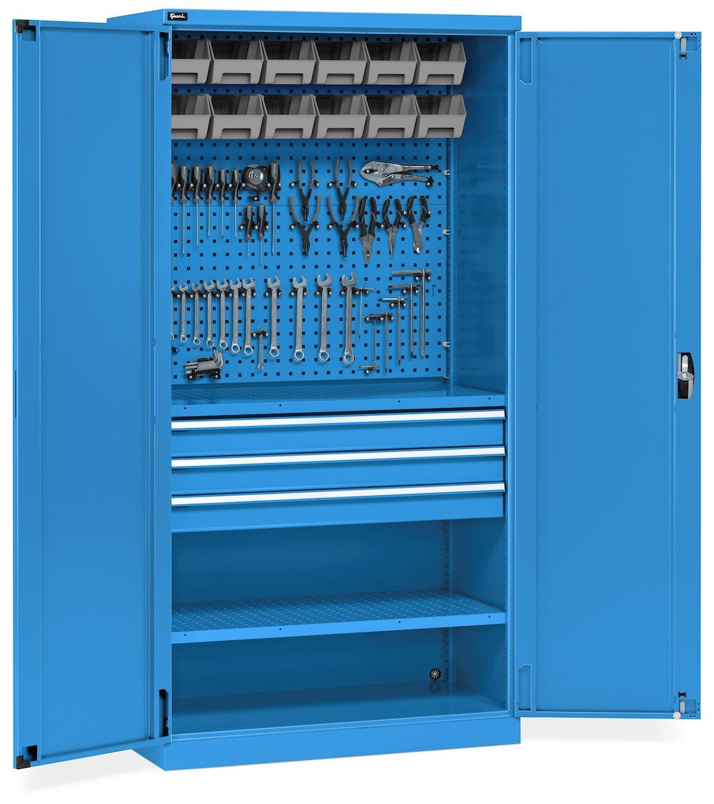 Armadio portautensili, ante battente, cassetti, piani, contenitori e ganci, L1023 x P555 x H2000 mm, PERFOM14051