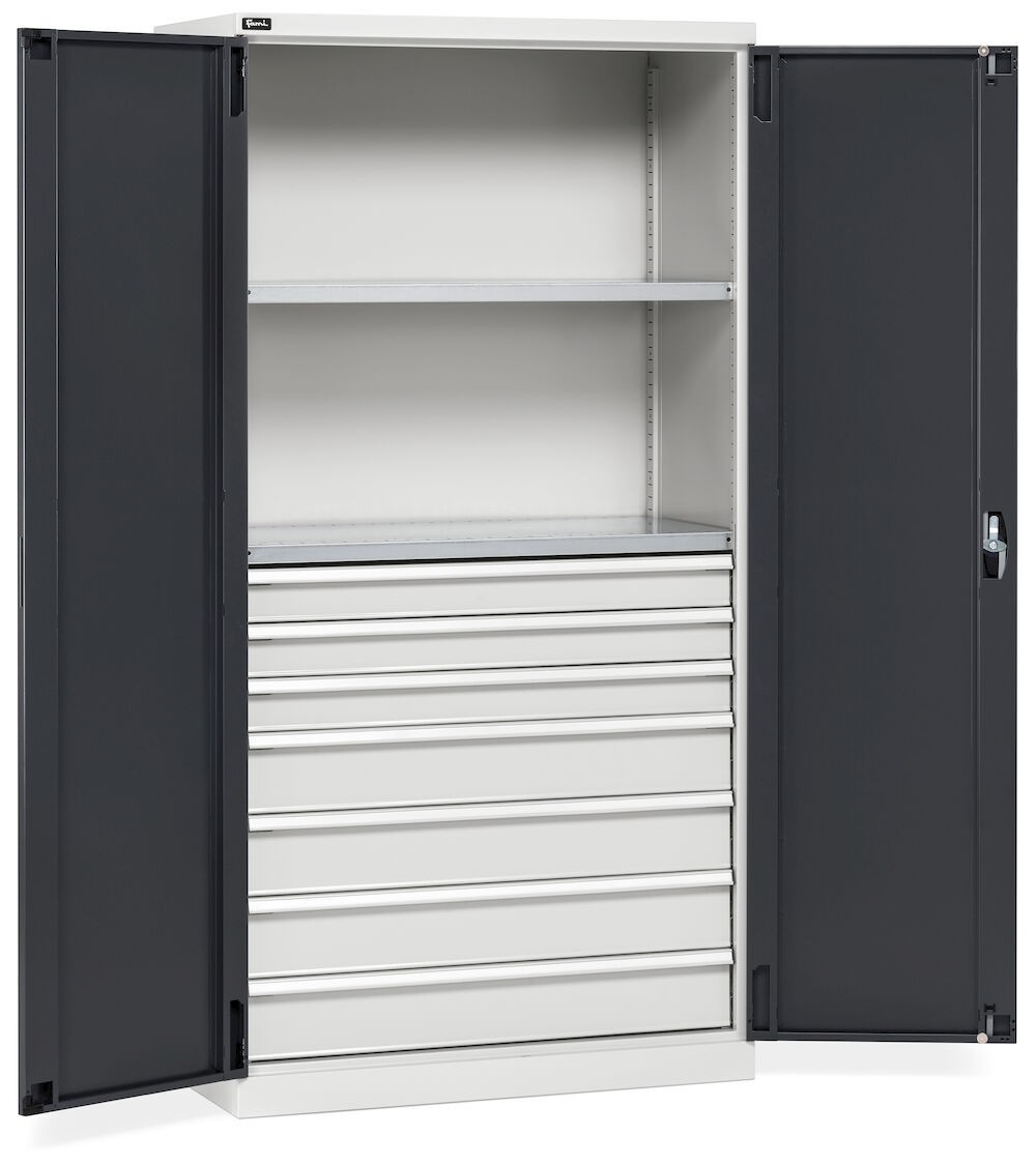 Armadio 2 ante a battente, 2 ripiani, 7 cassetti, L1023 x P555 x H2000 mm, PERFOM14052