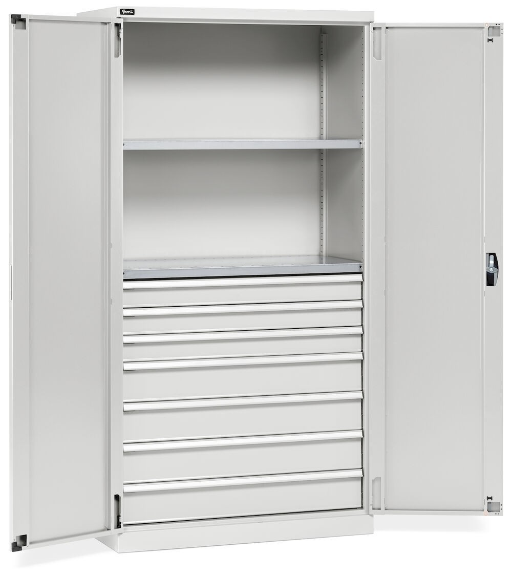 Armadio 2 ante a battente, 2 ripiani, 7 cassetti, L1023 x P555 x H2000 mm, PERFOM14053