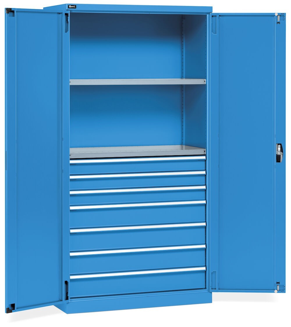 Armadio 2 ante a battente, 2 ripiani, 7 cassetti, L1023 x P555 x H2000 mm, PERFOM14054