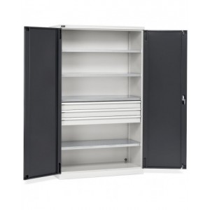 Armadio per magazzino e officina con 2 ante, 4 ripiani fessurati, 3 cassetti telescopici, L1193 x P555 x H2000 mm, PERFOM17004