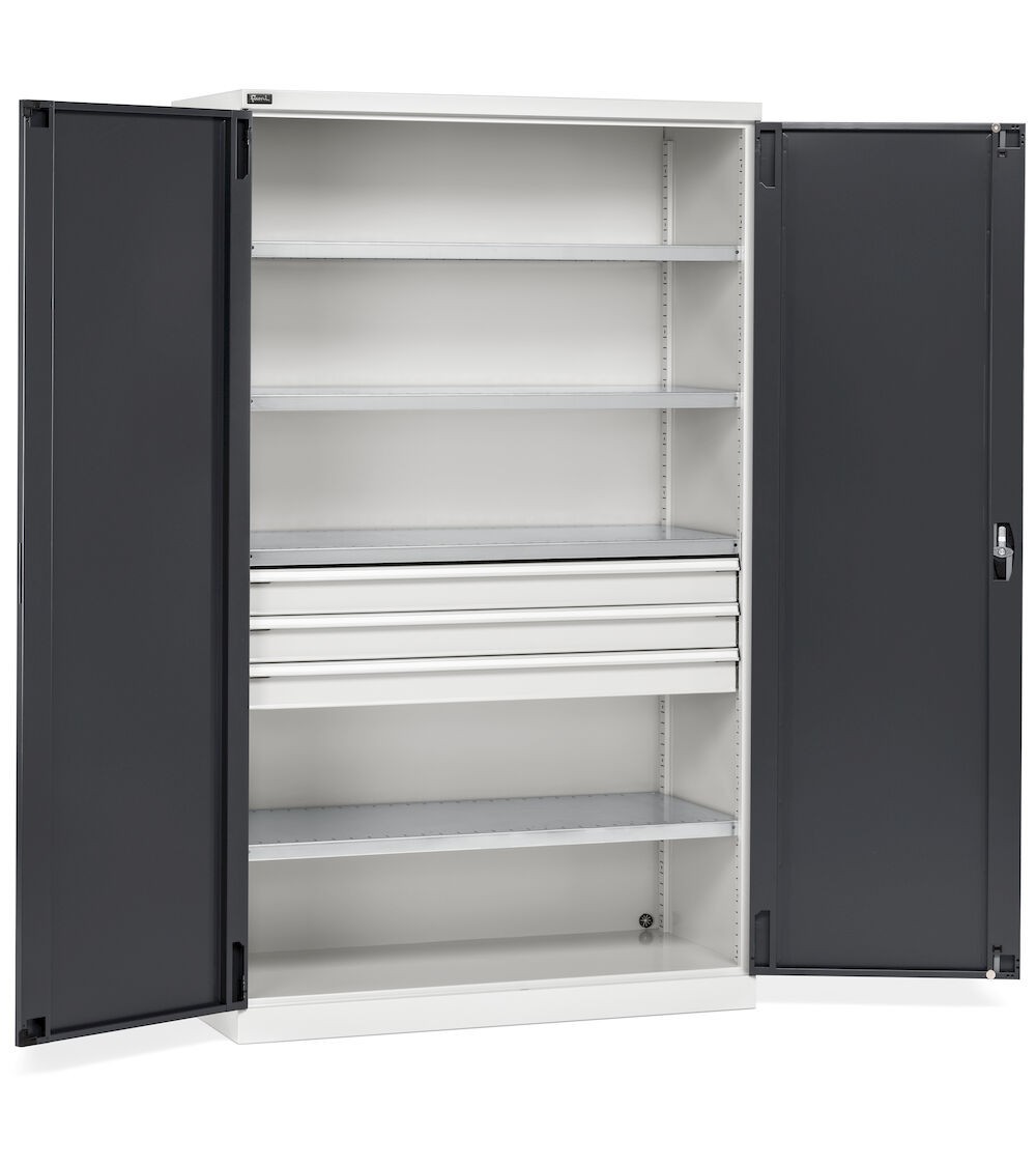 Armadio per magazzino e officina con 2 ante, 4 ripiani fessurati, 3 cassetti telescopici, L1193 x P555 x H2000 mm, PERFOM17004