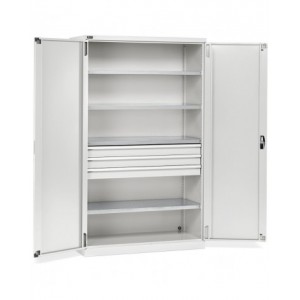 Armadio per magazzino, 2 porte battente, 4 ripiani fessurati, 3 cassetti telescopici, L1193 x P555 x H2000 mm, PERFOM17005