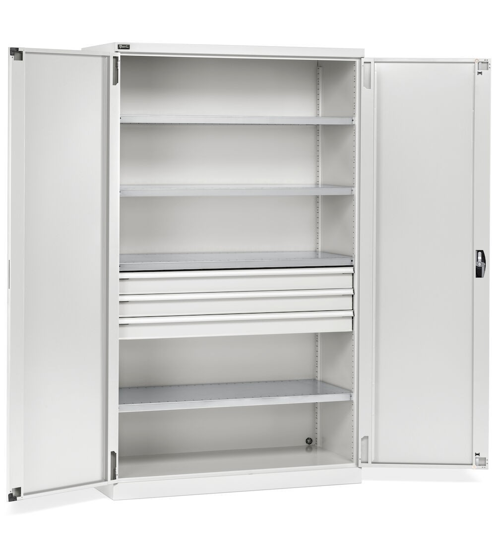 Armadio per magazzino, 2 porte battente, 4 ripiani fessurati, 3 cassetti telescopici, L1193 x P555 x H2000 mm, PERFOM17005