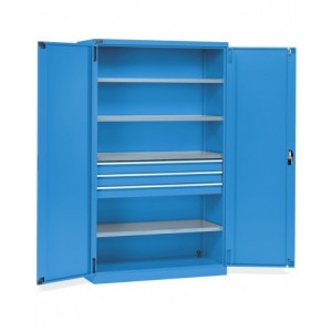 Armadio per magazzino e officina, 2 ante, 4 ripiani fessurati, 3 cassetti telescopici, L1193 x P555 x H2000 mm, PERFOM17006