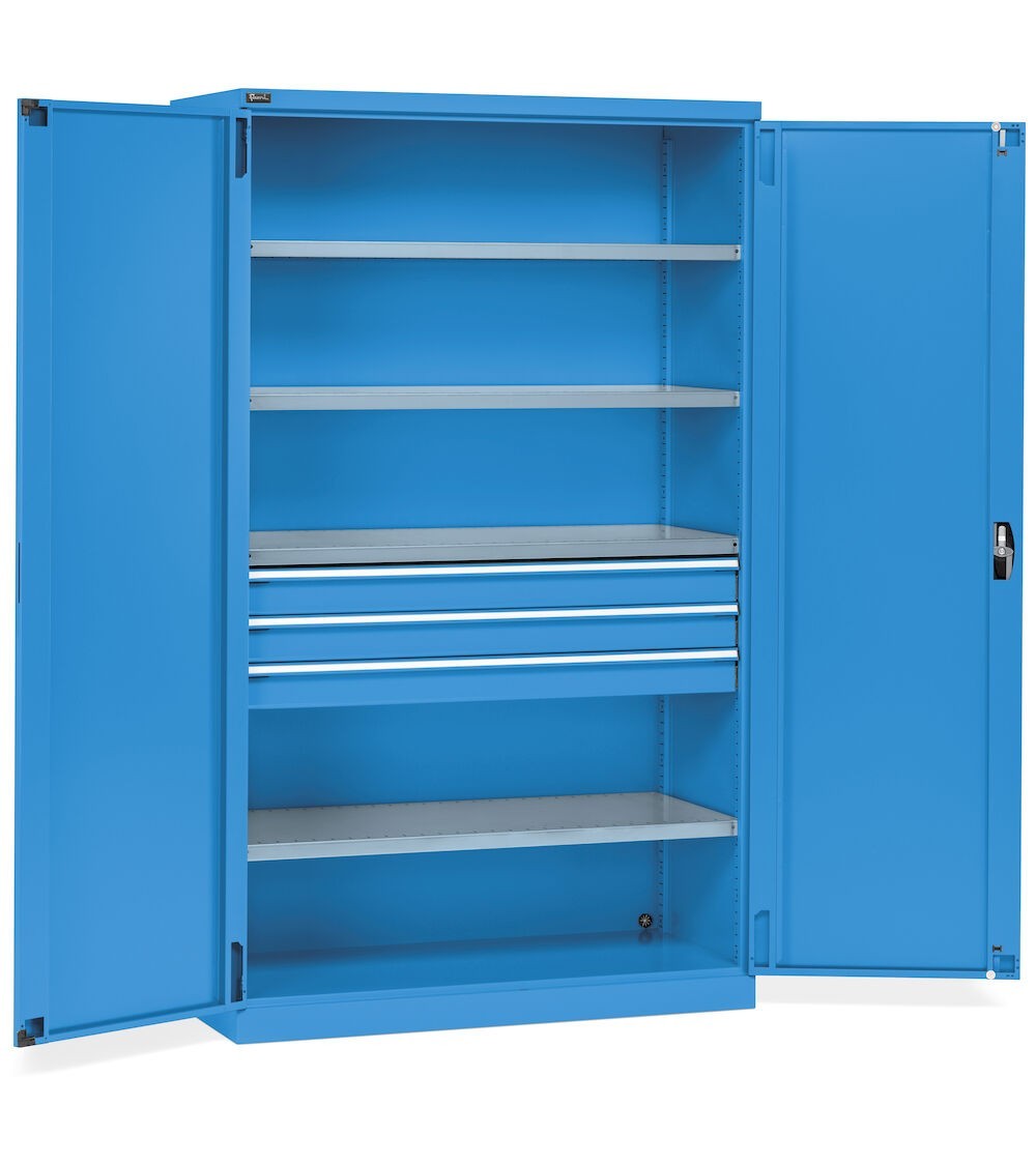 Armadio per magazzino e officina, 2 ante, 4 ripiani fessurati, 3 cassetti telescopici, L1193 x P555 x H2000 mm, PERFOM17006