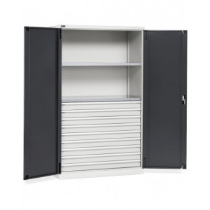 Armadio metallo industriale con 2 ante, 2 ripiani fessurati, 9 cassetti telescopici, L1193 x P555 x H2000 mm, PERFOM17007