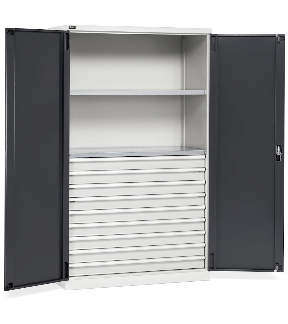 Armadio metallo industriale con 2 ante, 2 ripiani fessurati, 9 cassetti telescopici, L1193 x P555 x H2000 mm, PERFOM17007
