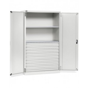 Armadio metallo industriale con 2 ante, 2 ripiani fessurati, 9 cassetti telescopici, L1193 x P555 x H2000 mm, PERFOM17008