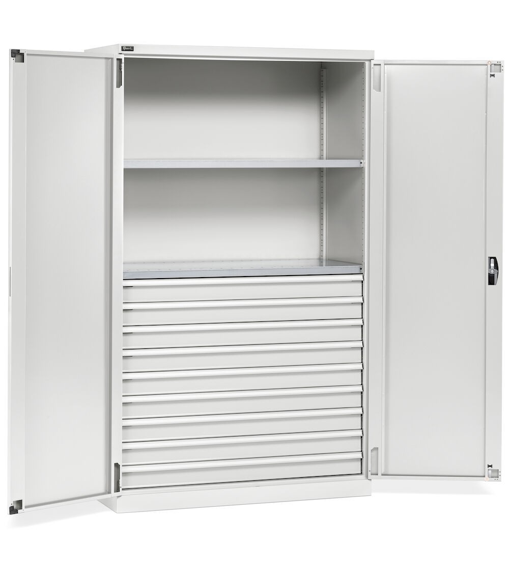 Armadio metallo industriale con 2 ante, 2 ripiani fessurati, 9 cassetti telescopici, L1193 x P555 x H2000 mm, PERFOM17008