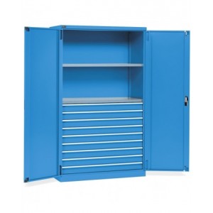 Armadio metallo industriale con 2 ante, 2 ripiani fessurati, 9 cassetti telescopici, L1193 x P555 x H2000 mm, PERFOM17009