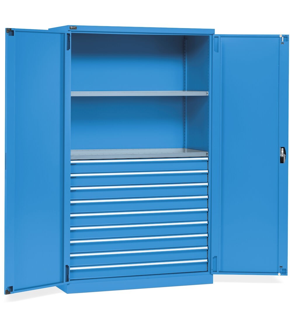Armadio metallo industriale con 2 ante, 2 ripiani fessurati, 9 cassetti telescopici, L1193 x P555 x H2000 mm, PERFOM17009