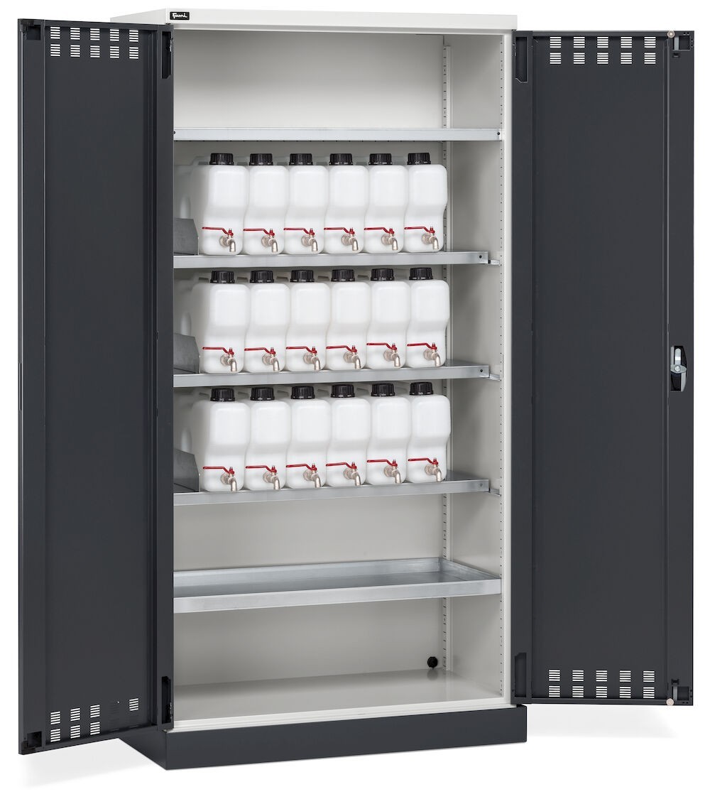 Armadio ante battente fessurate, 4 piani, 18 taniche, 1 vasca interna, 1 vasca esterna, L1048 x P600 x H2027 mm, PERFOM14022