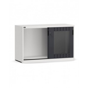 Empty cabinet with slotted sliding polycarbonate doors, W1428 x D600 x H915 mm, RAL 7035 + 7016
