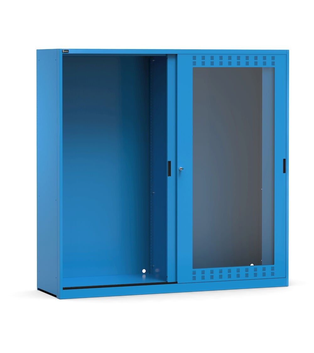 Leerer Metallschrank mit geschlitzten Schiebetüren aus Polycarbonat, B2040 x T600 x H2000 mm
