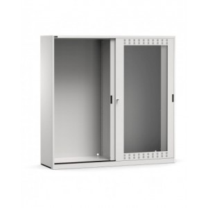 Empty cabinet with slotted sliding polycarbonate doors, W2040 x D600 x H2000 mm, RAL 6035 + 7016